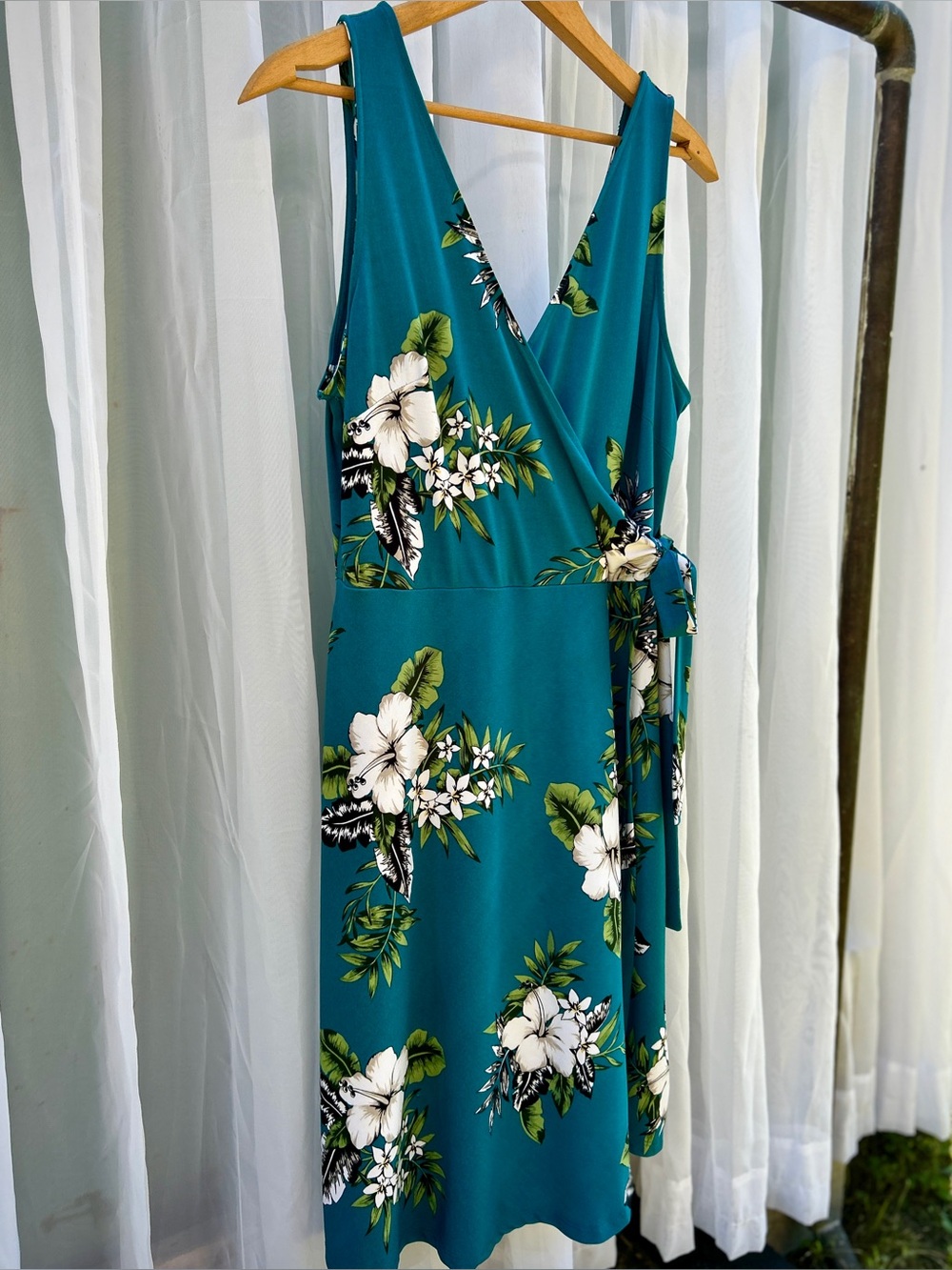 Teal Floral Mock-Wrap Dress